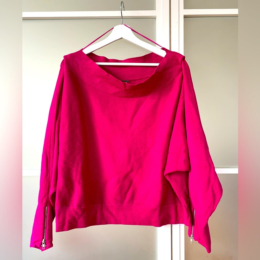 Free People off-the-shoulder cotton blend sweater in fuchsia pink. Size M.